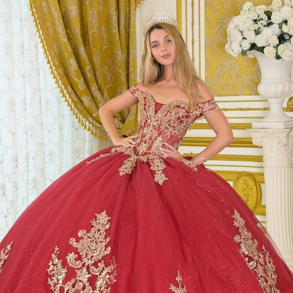 New Off The Shoulder Burgundy Gold Quinceanera Dress w/ Lace Up Back GL3673